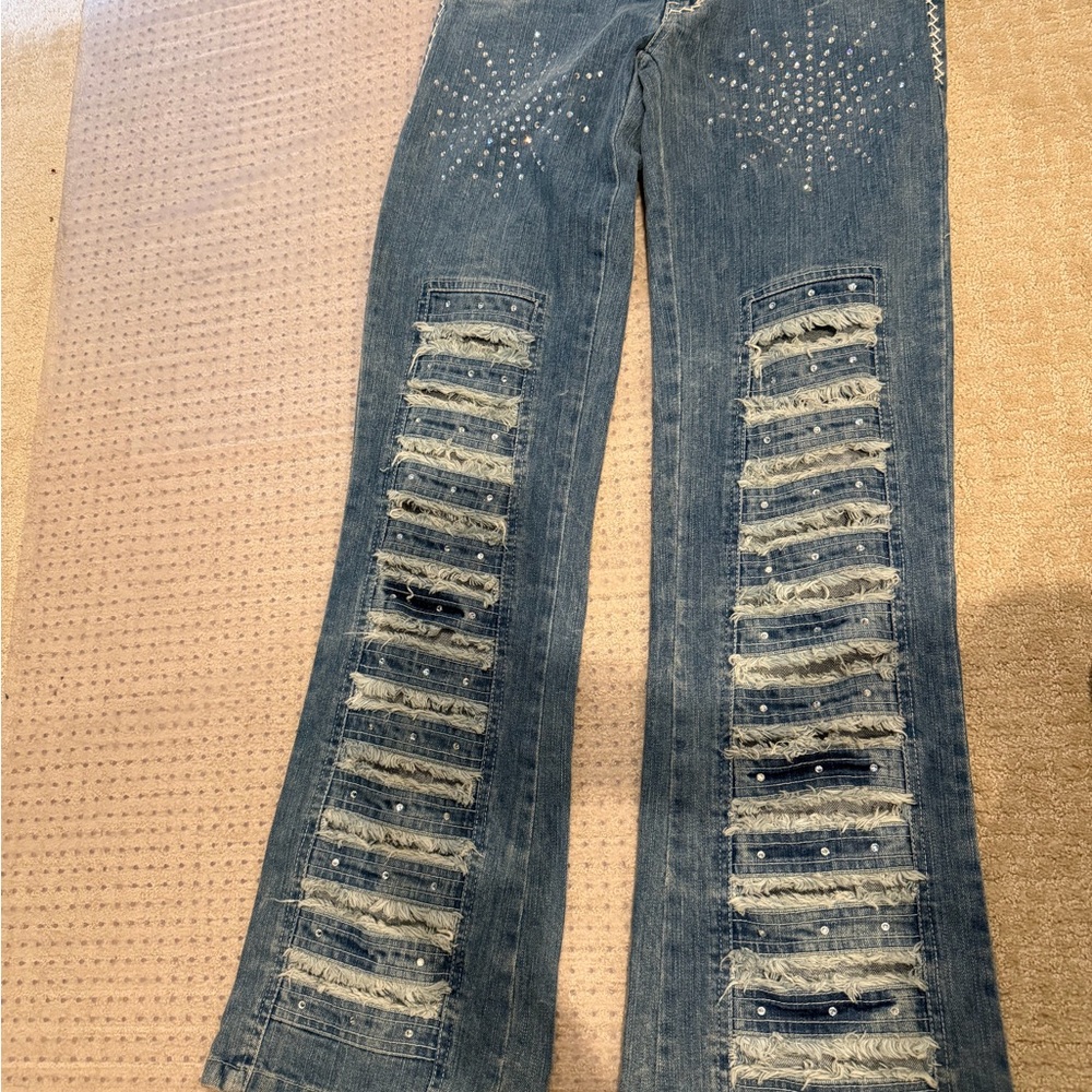 Embellished Distressed Denim Flare Jeans